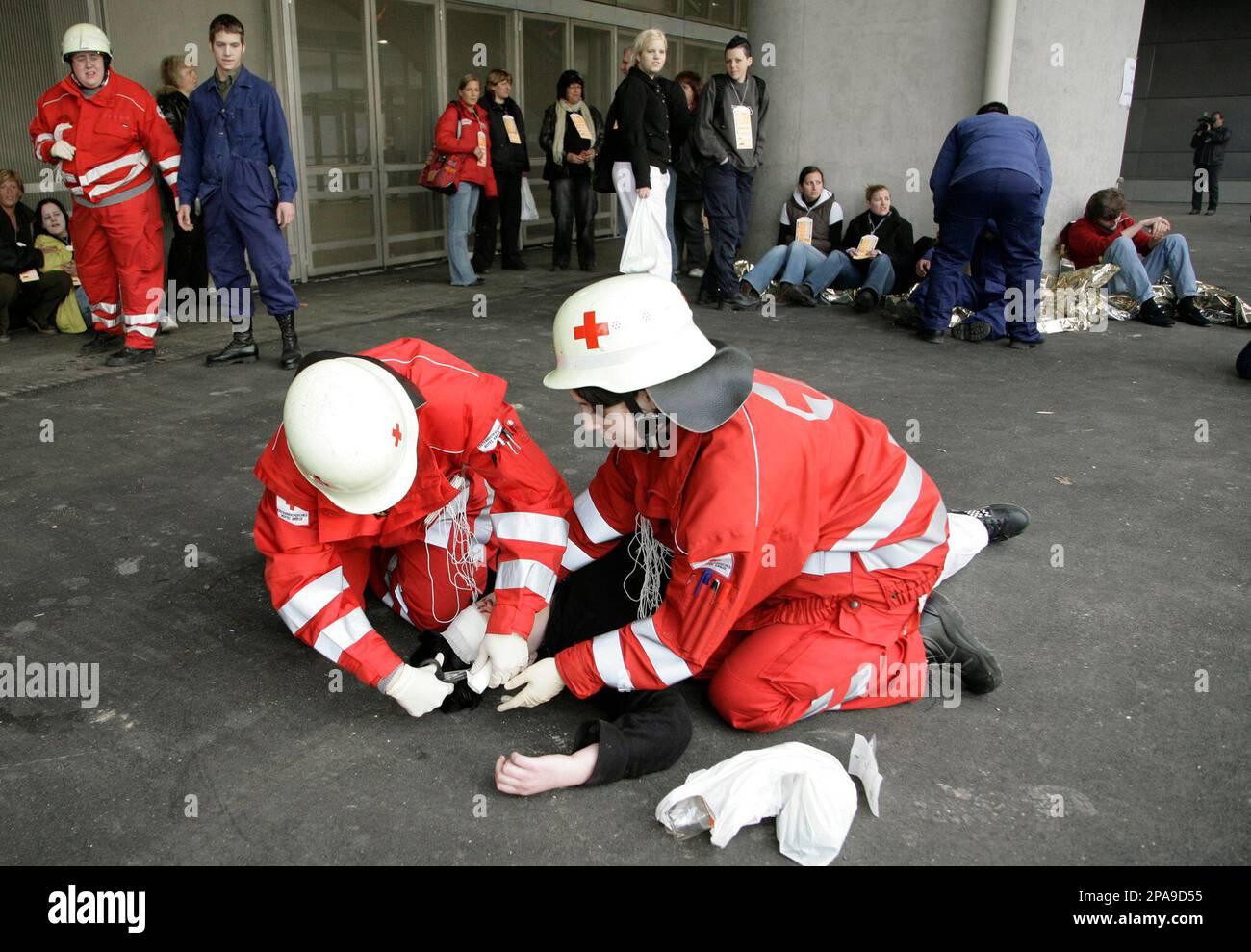 Rescue workers exercise at the subway station next to Vienna's Ernst