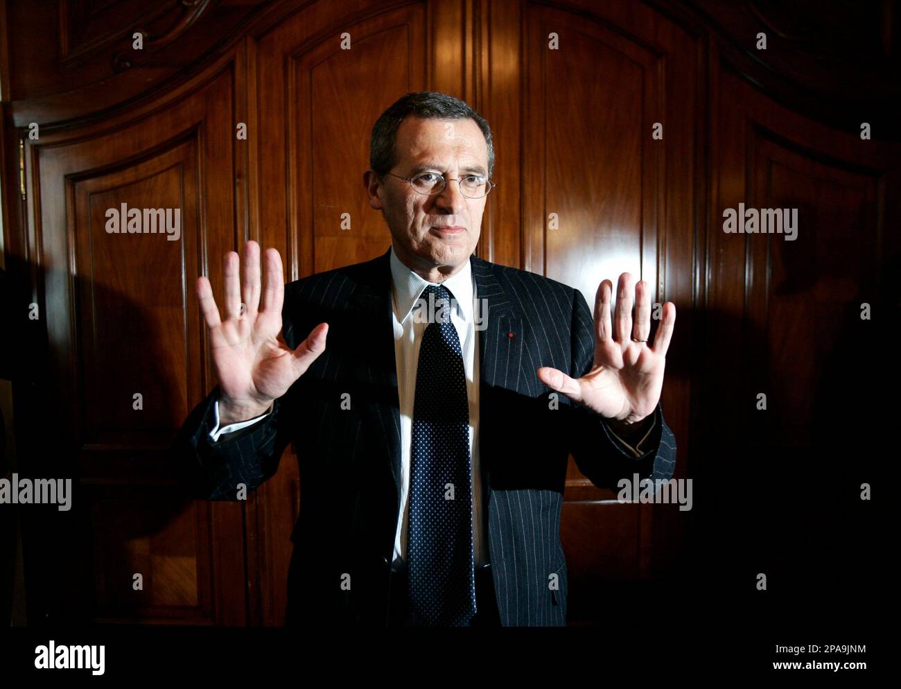 Air France-KLM's chairman Jean-Cyril Spinetta gestures during a press  conference in Rome, Wednesday, March 19, 2008. Spinetta insisted on  Wednesday in the face of stiff Italian union resistance that if his company