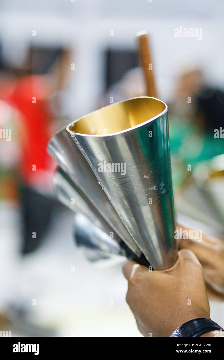 musical instrument known as agogo, during carnival rehearsal in Rio de