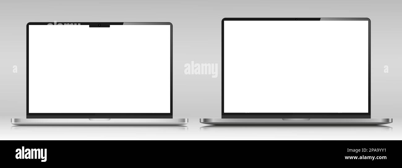 Two laptops with a white screen on a gray gradient background. Stock Vector