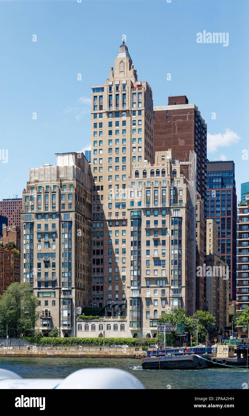 NYC Midtown River House’s brick tower rests upon a stone base; its