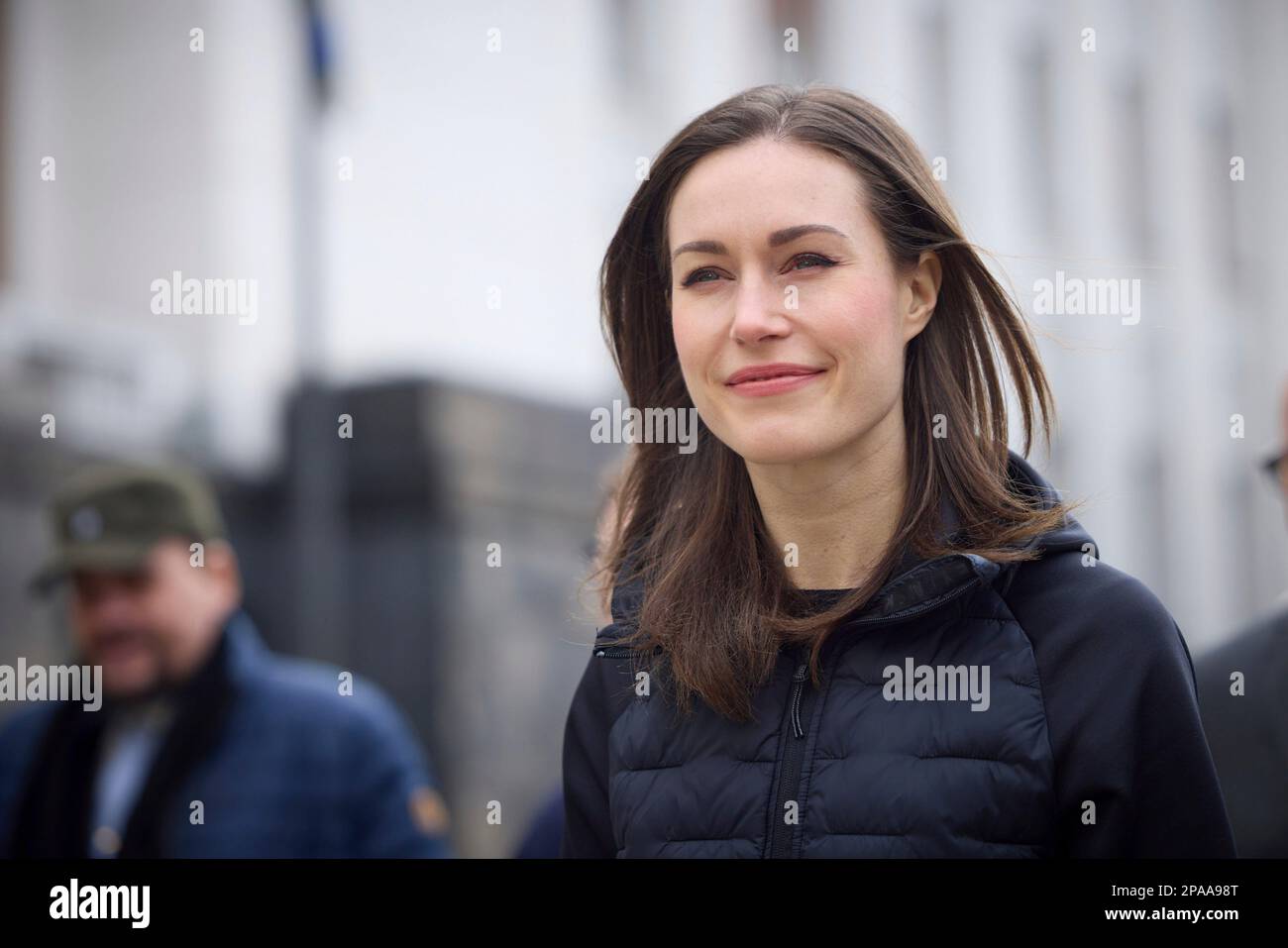 Kyiv, Ukraine. 10th Mar, 2023. Finnish Prime Minister Sanna Marin walks down Constitution Square on her way to meet Ukrainian President Volodymyr Zelenskyy at the Mariinsky Palace, March 10, 2023 in Kyiv, Ukraine. Credit: Pool Photo/Ukrainian Presidential Press Office/Alamy Live News Stock Photo