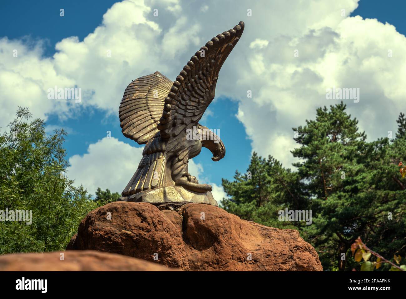Eagle sculpture in resort park Red Stones, Kislovodsk, Russia. Historical bronze statue on