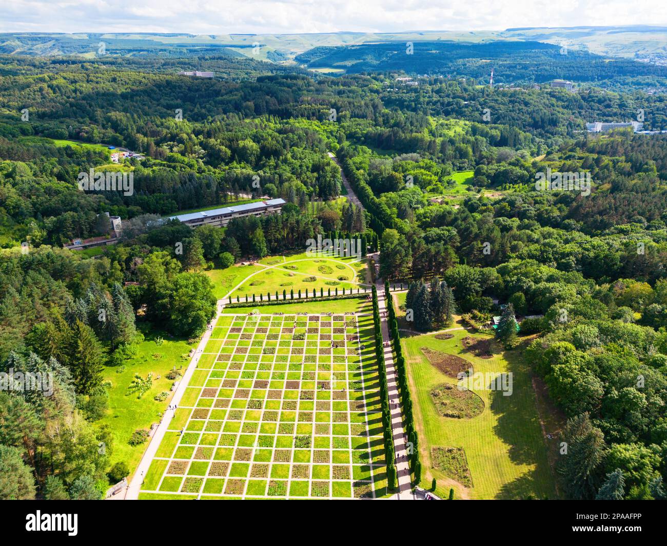 Resort park Valley of Roses in summer, Kislovodsk, Russia. Aerial view