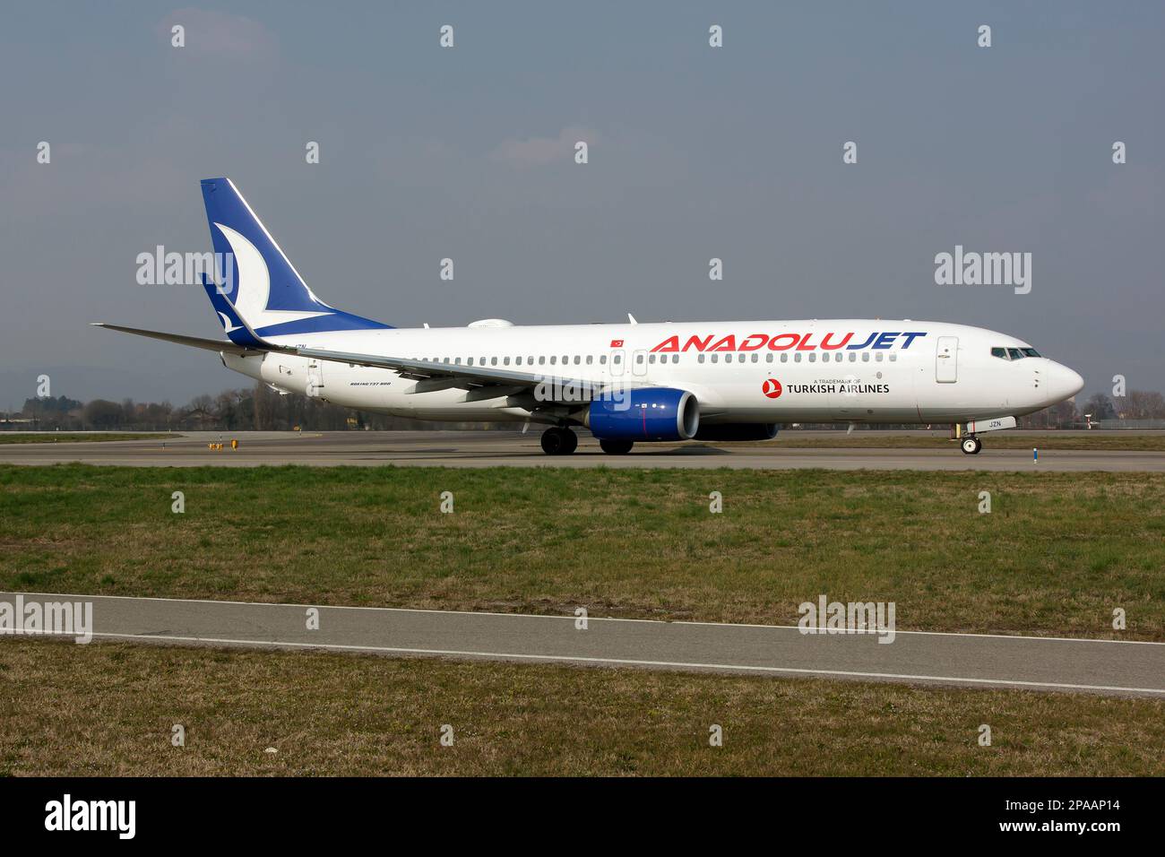 An AnadoluJet Boeing 737-800 taxiing at Milan Bergamo Orio al Serio airport. AnadoluJet is a brand of Turkish Airlines operating as a regional airline. It operates domestic flights as well as flights to Northern Cyprus, Western Europe and Western Asia for its parent company. Stock Photo