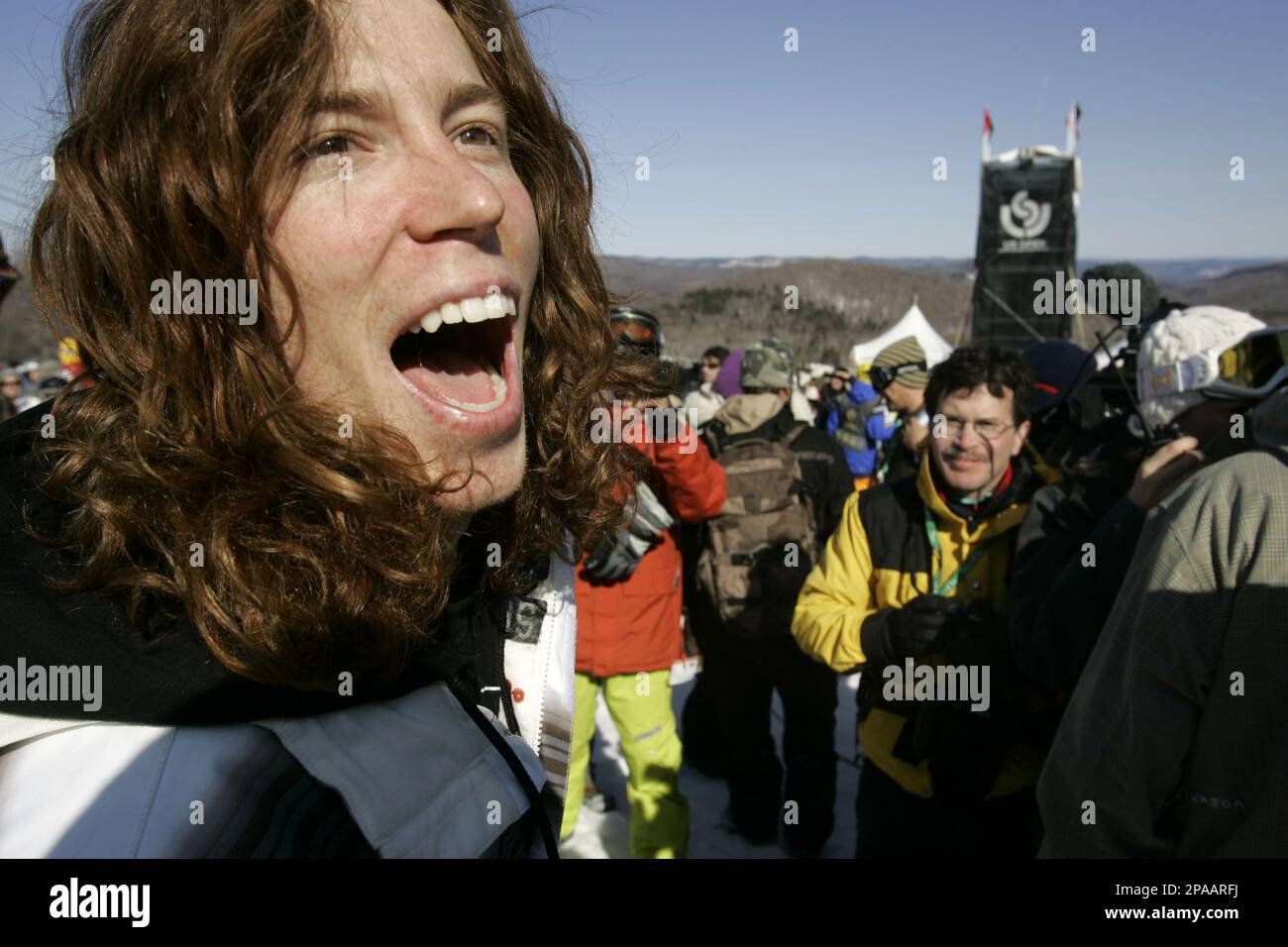 Shaun White, left, of Carlsbad, Calif., shouts after winning the men's  halfpipe finals at the Burton U.S. Open Snowboarding Championships,  Saturday, March 22, 2008, at Stratton Mountain Resort in Stratton, Vt. (AP
