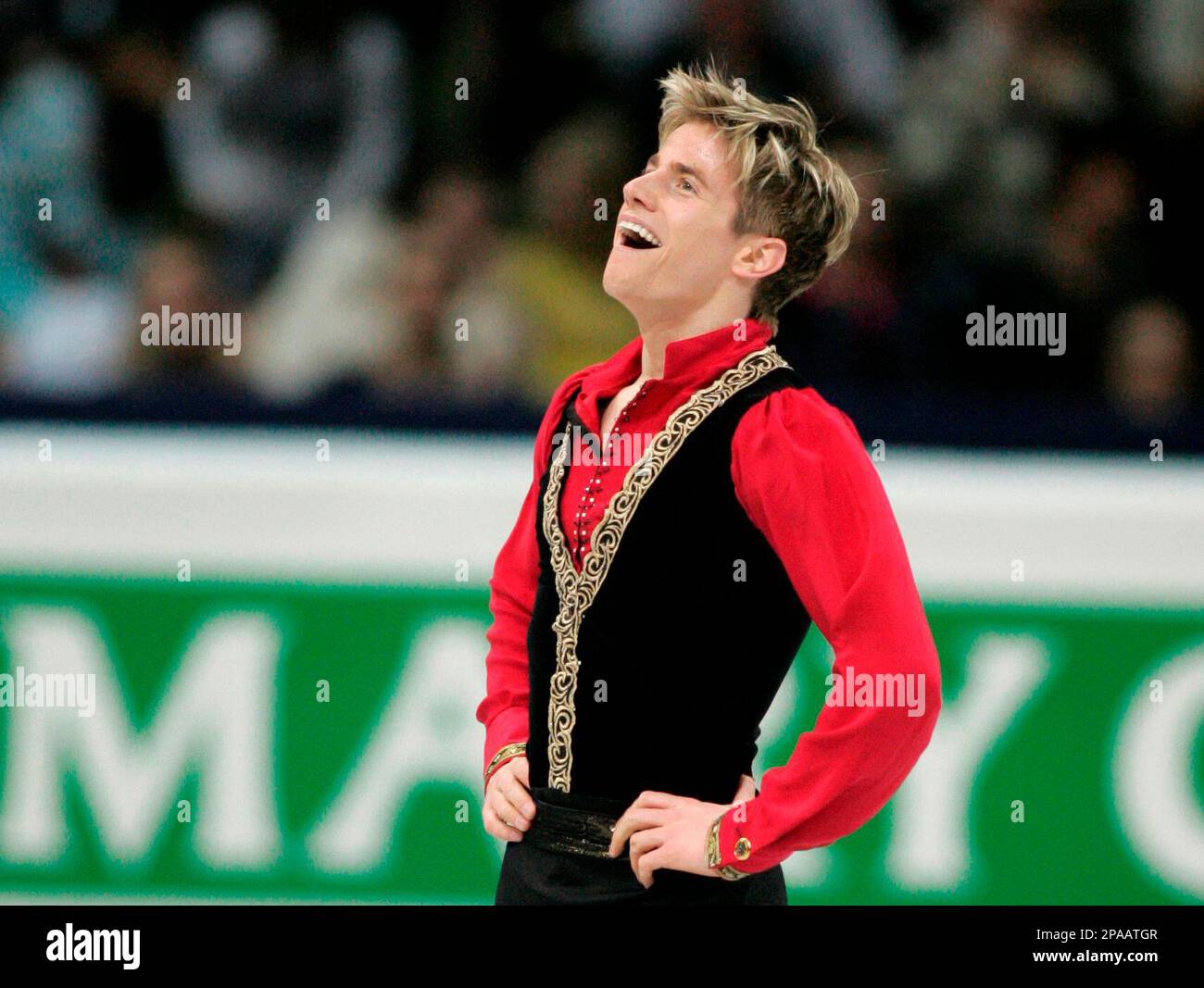 Canada's Jeffrey Buttle reacts after winning the gold medal after the men's free skating routine at the World Figure Skating Championships in Goteborg, Sweden, Saturday, March 22, 2008. (AP Photo/Ivan Sekretarev) Stock Photo