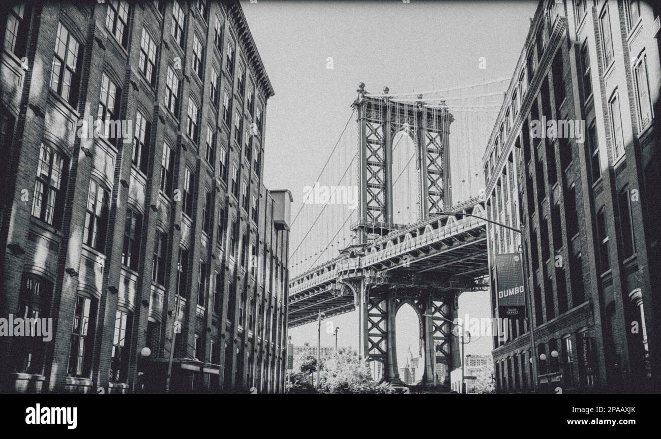 Dumbo in black and white overlooking Manhattan Bridge in Brooklyn New York Stock Photo