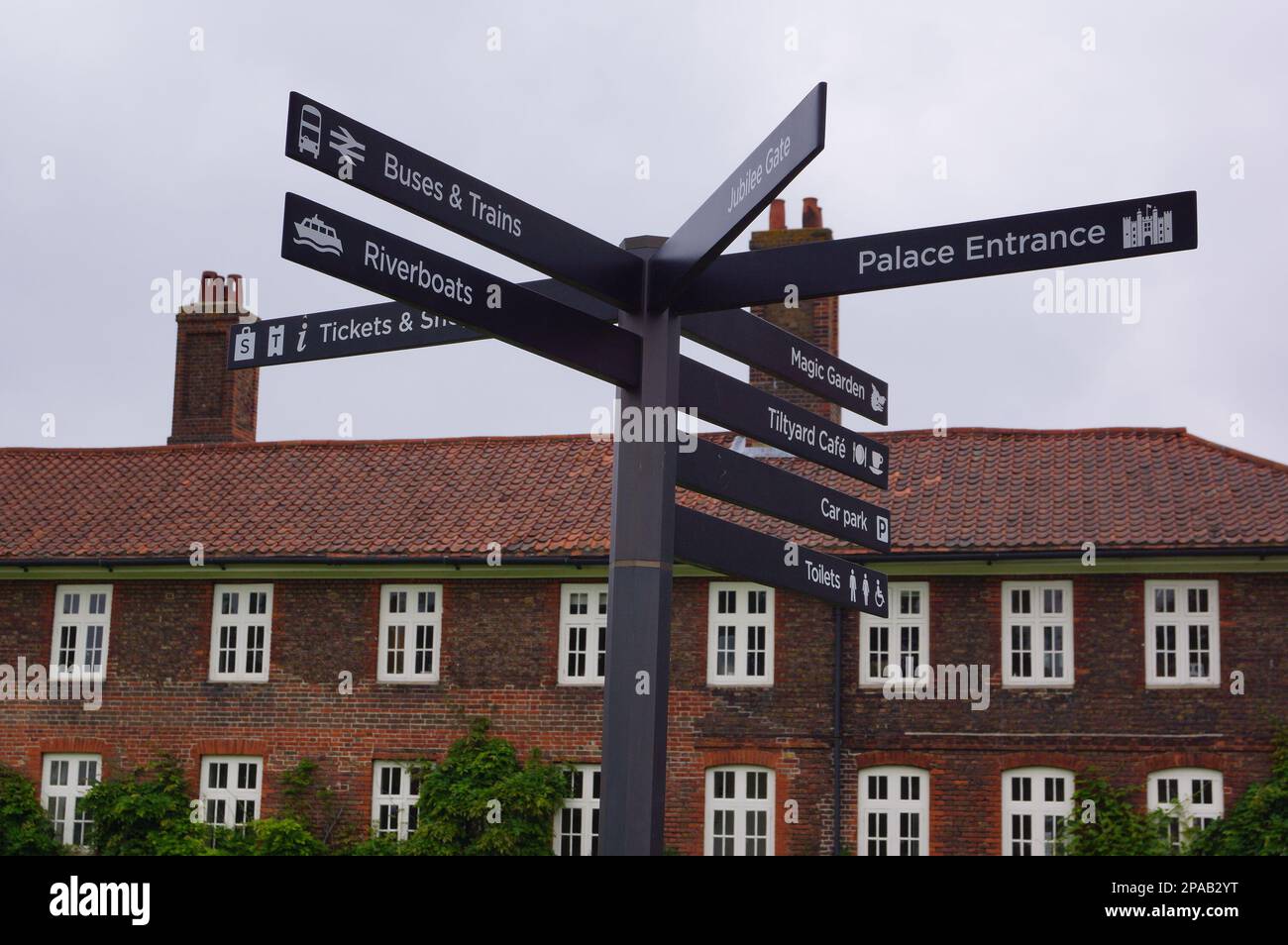 London, UK Hampton Court Palace, signpost with directions to the