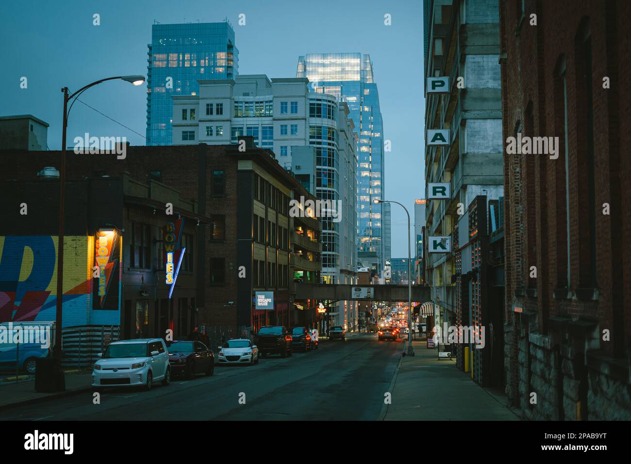Parking garage sign and street scene, Nashville, Tennessee Stock Photo