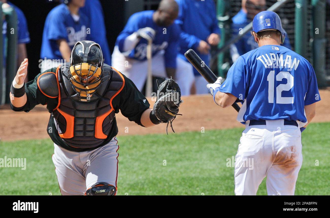 San Francisco Giants catcher Guillermo Rodriguez reacts after Kansas