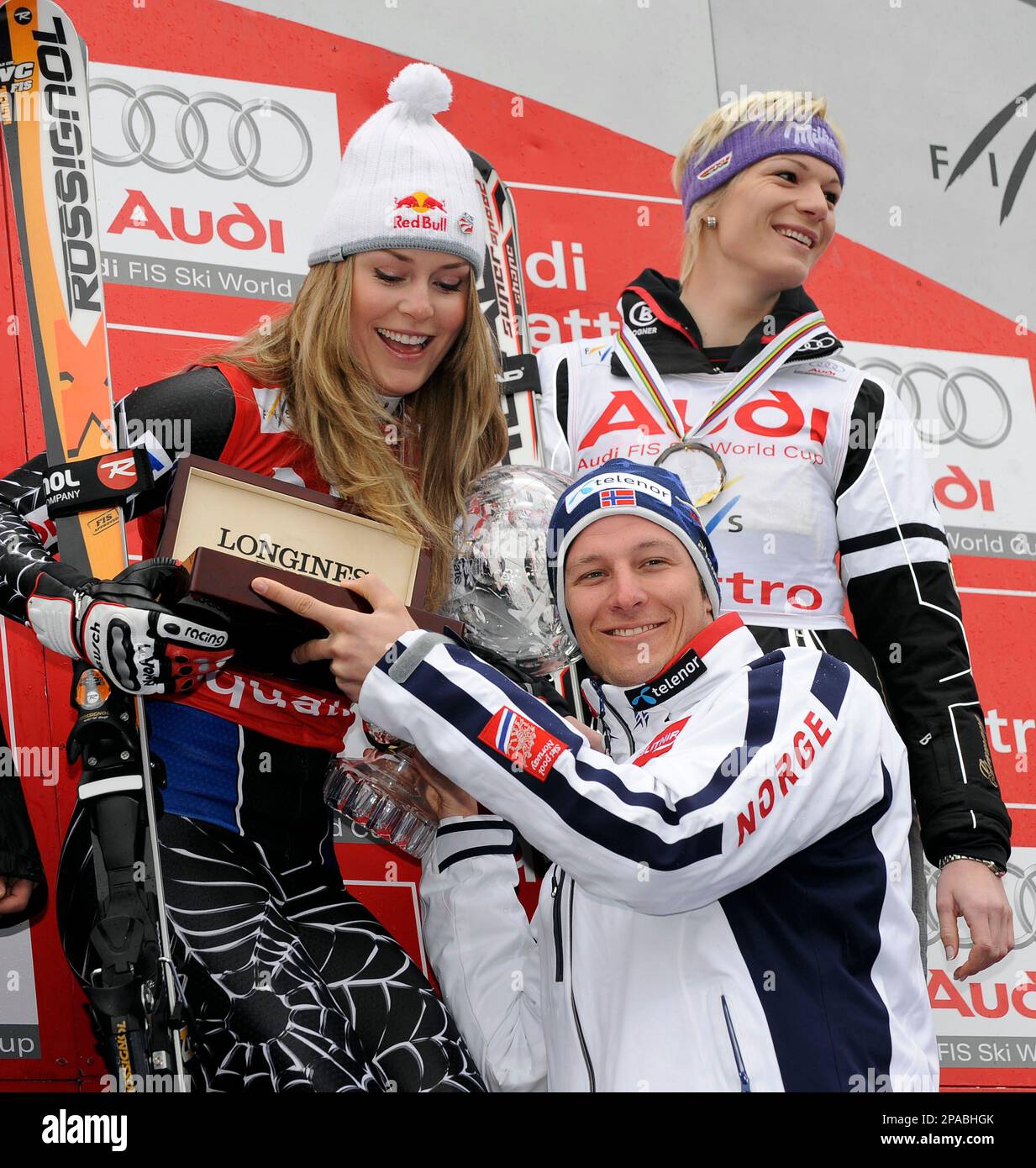 Lindsey Vonn, of the United States, receives a prize from Aksel Lund ...