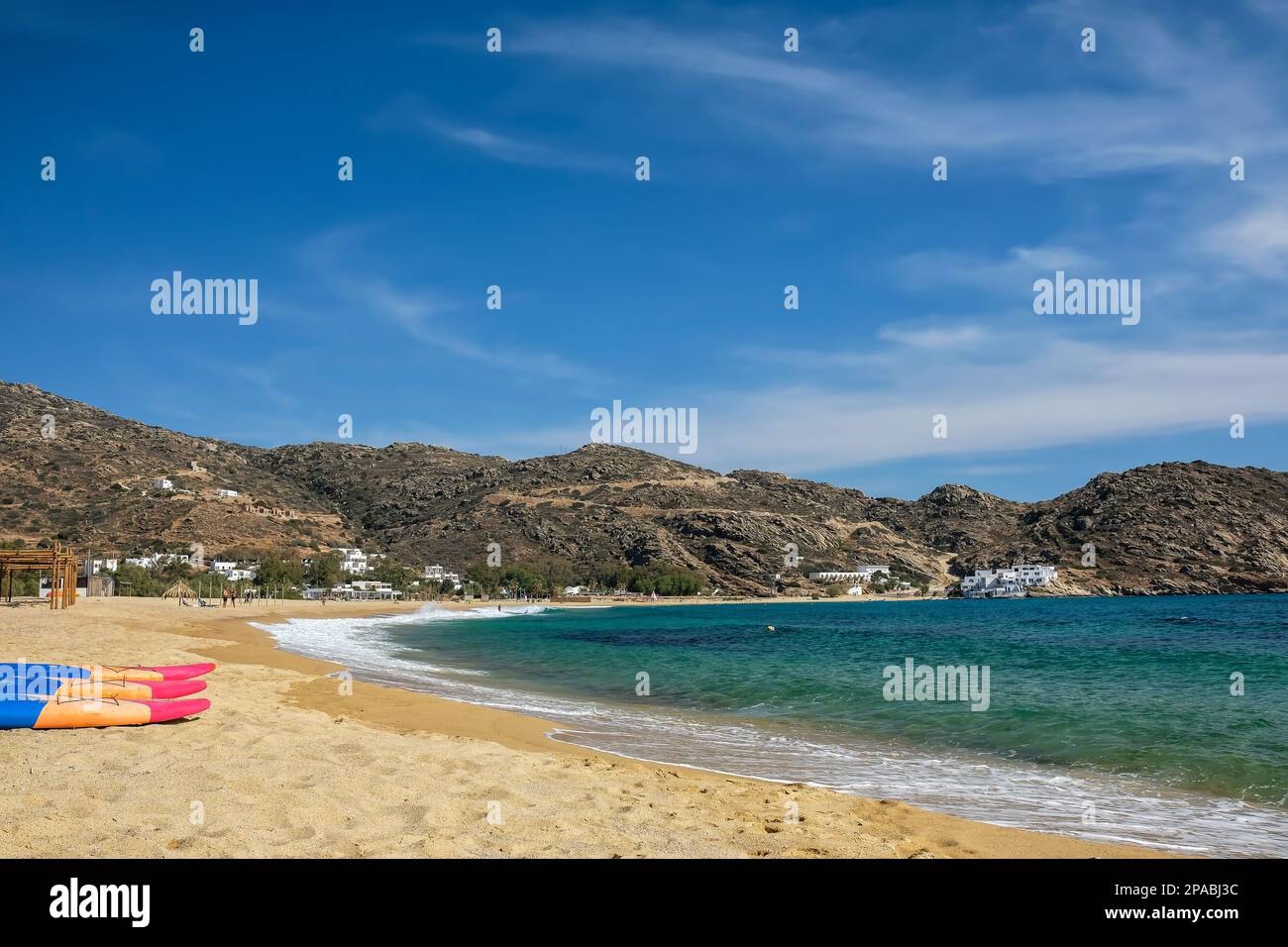 View of water sport equipment at the sandy beach of Mylopotas in Ios ...