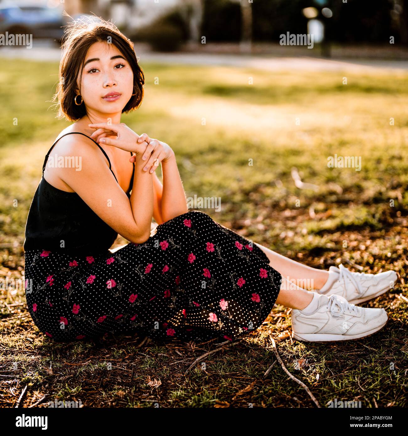 Beautiful Young Asian Woman Seated on the Grass in a Park at Sunset ...