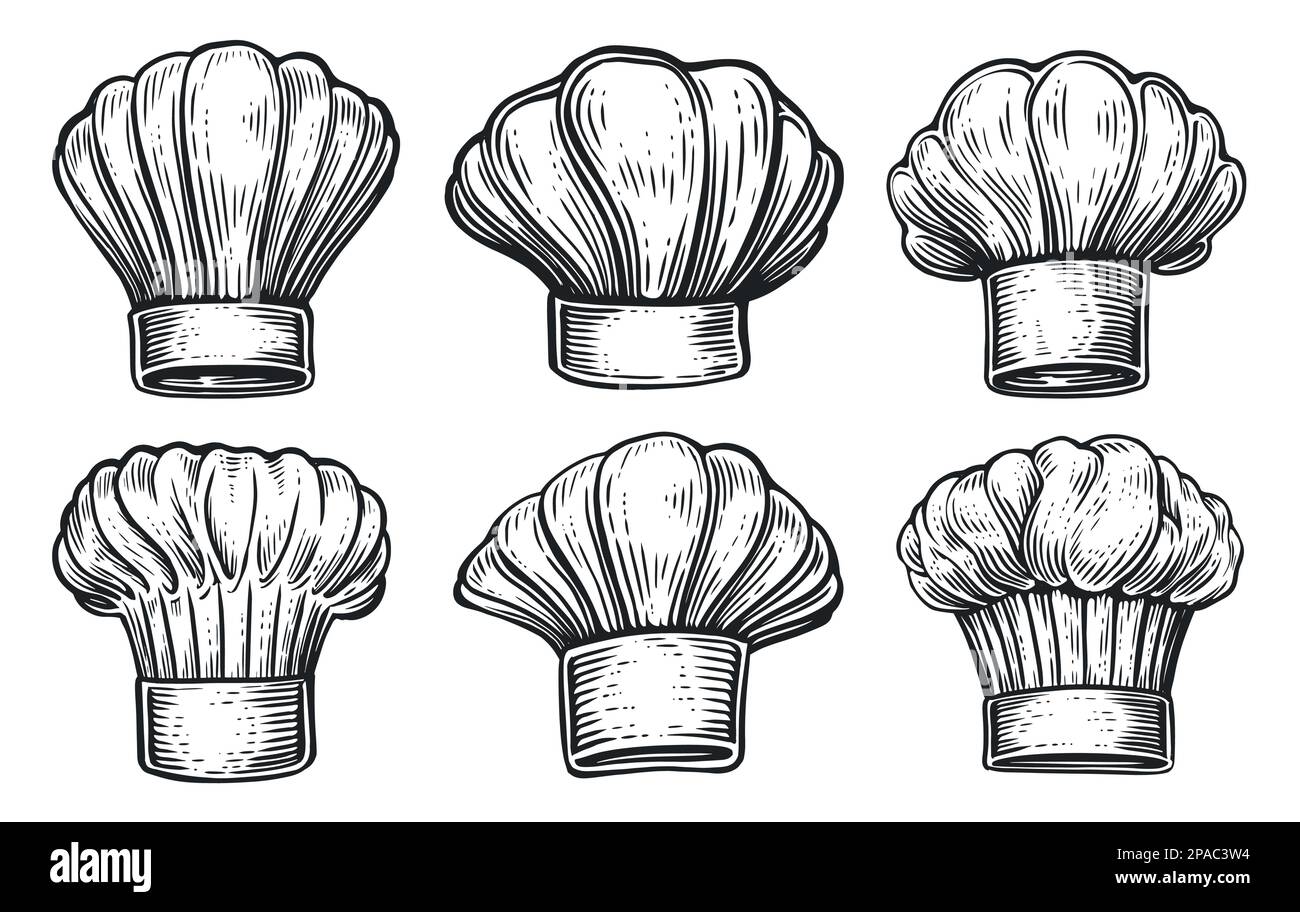 Set of Chef and cook hat for restaurant menu. Cooking symbol. Hand drawn sketch vintage vector illustration Stock Vector