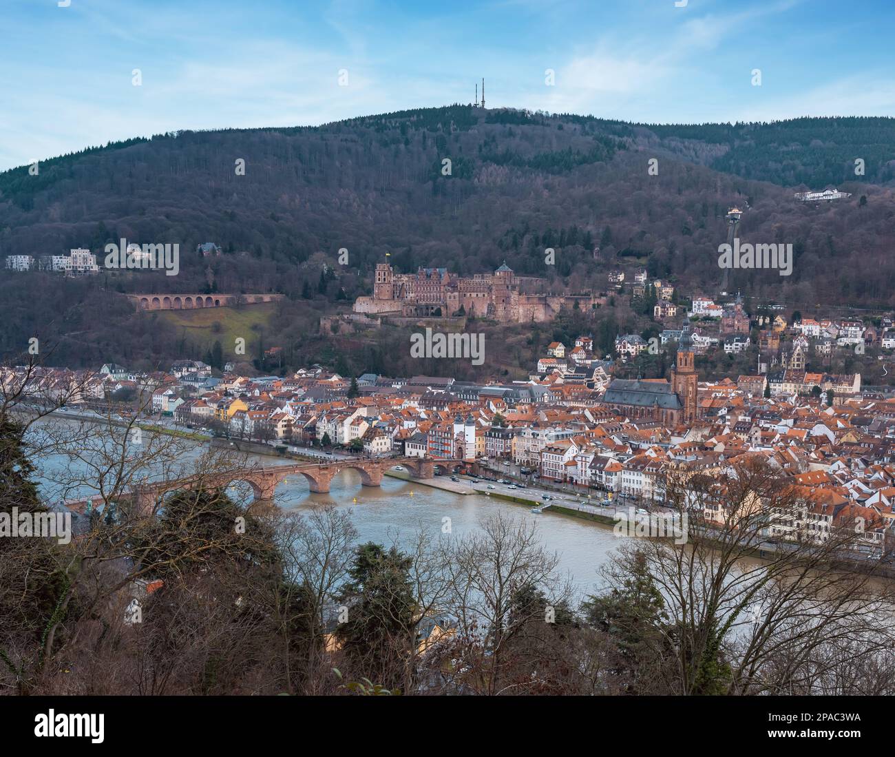 Aerial view of Old Town with Heidelberg Castle, Old Bridge (Alte Brucke) and Church of the Holy Spirit (Heiliggeistkirche) - Heidelberg, Germany Stock Photo