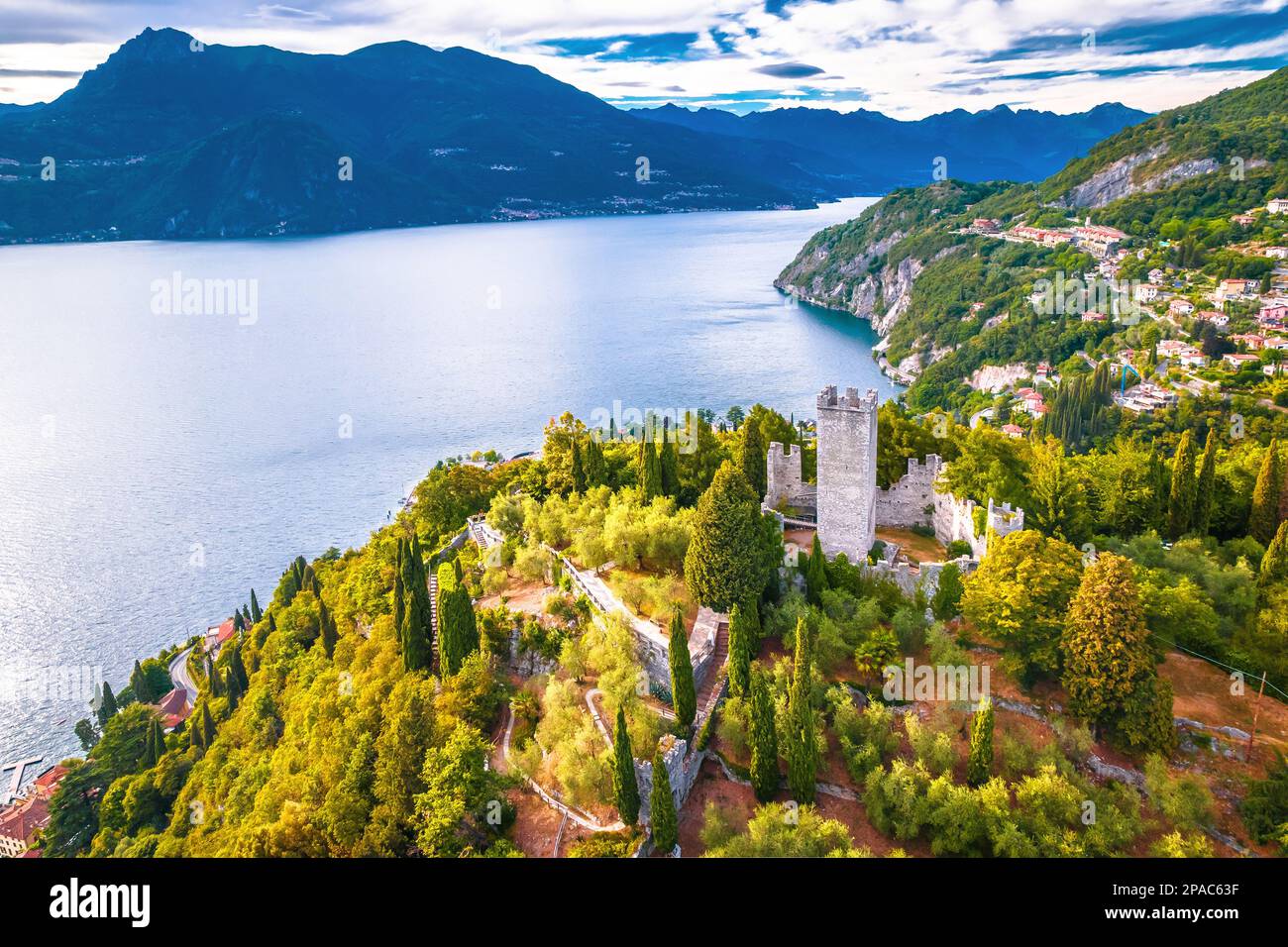 Castello di Vezio tower and Como lake aerial view, Lombardy region of Italy Stock Photo