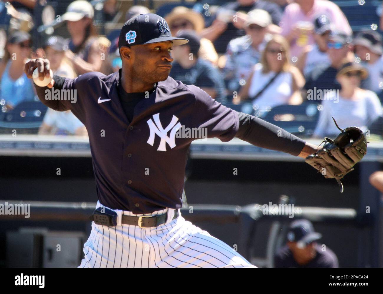 Tampa, United States. 11th Mar, 2023. New York Yankees pitcher Domingo German delivers pitch during game against the Philadelphia Phillies at Steinbrenner Field in Tampa, Fl, March 11, 2023. Photo by Mark Abraham/UPI Credit: UPI/Alamy Live News Stock Photo