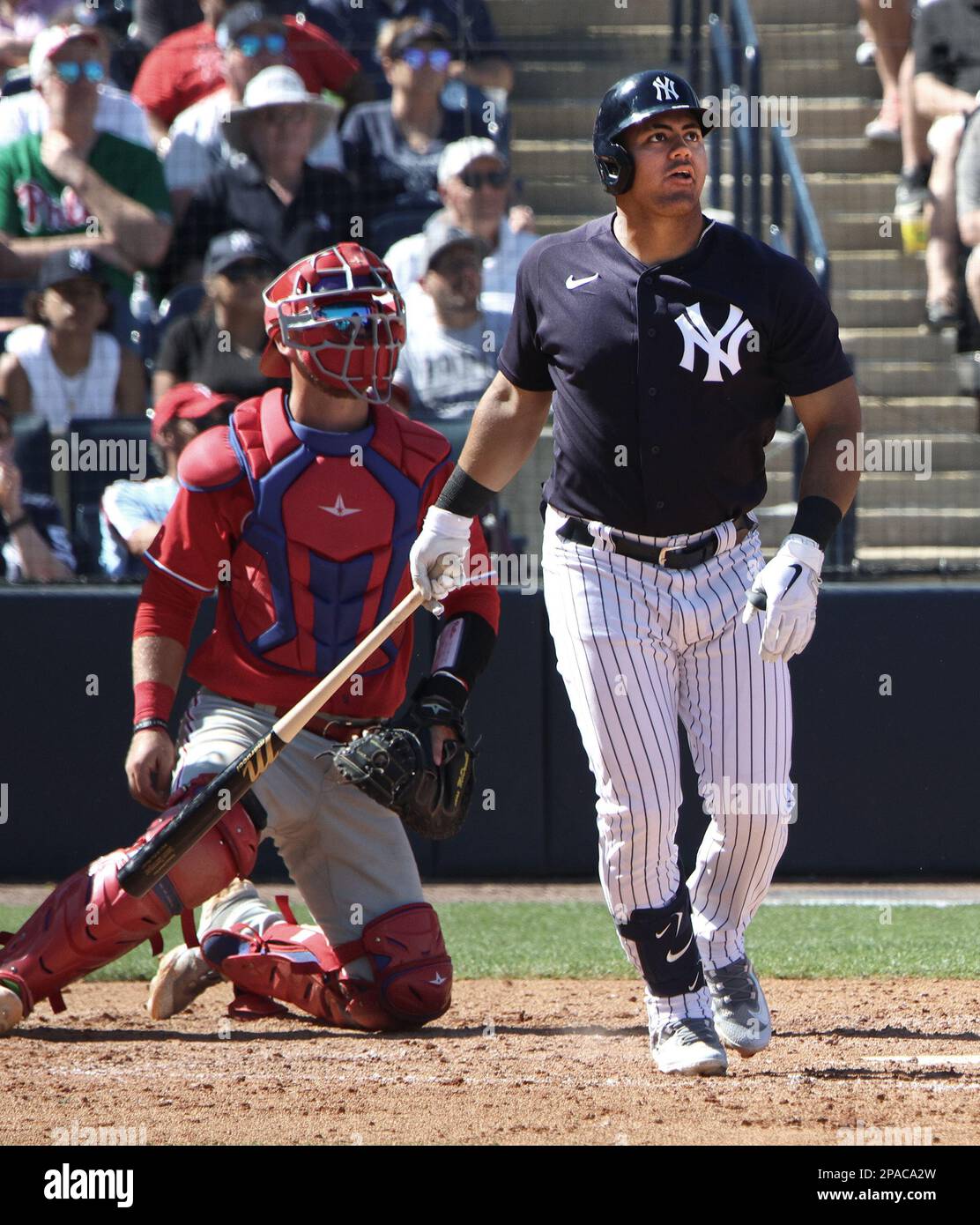 Tampa, United States. 11th Mar, 2023. New York Yankees pitcher Jasson Dominguez watches his two run homer hit against the Philadelphia Phillies at Steinbrenner Field in Tampa, Fl, March 11, 2023. Photo by Mark Abraham/UPI Credit: UPI/Alamy Live News Stock Photo