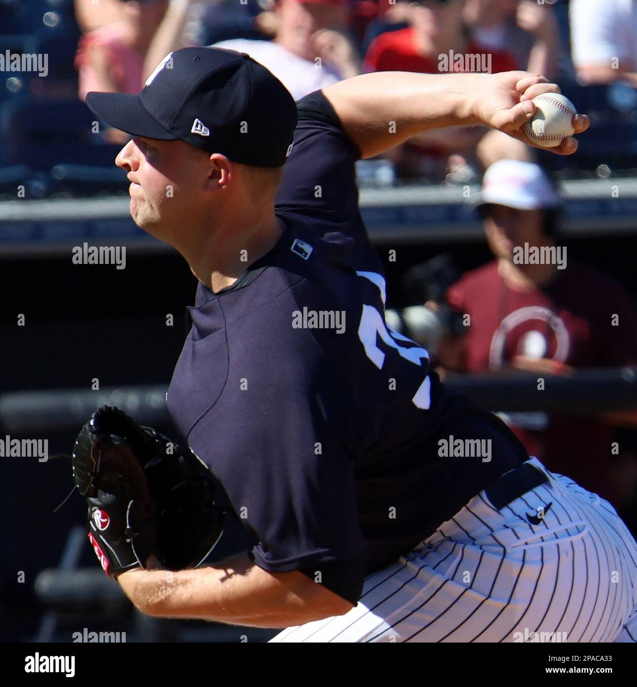 Tampa, United States. 11th Mar, 2023. New York Yankees relief pitcher Michael King delivers pitch during game against the Philadelphia Phillies at Steinbrenner Field in Tampa, Fl, March 11, 2023. Photo by Mark Abraham/UPI Credit: UPI/Alamy Live News Stock Photo