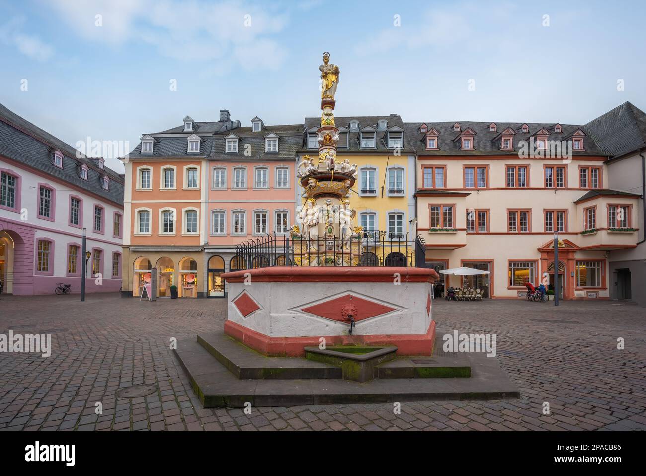 Saint Peter Fountain (Petrusbrunnen) at Hauptmarkt Square - Trier, Germany Stock Photo