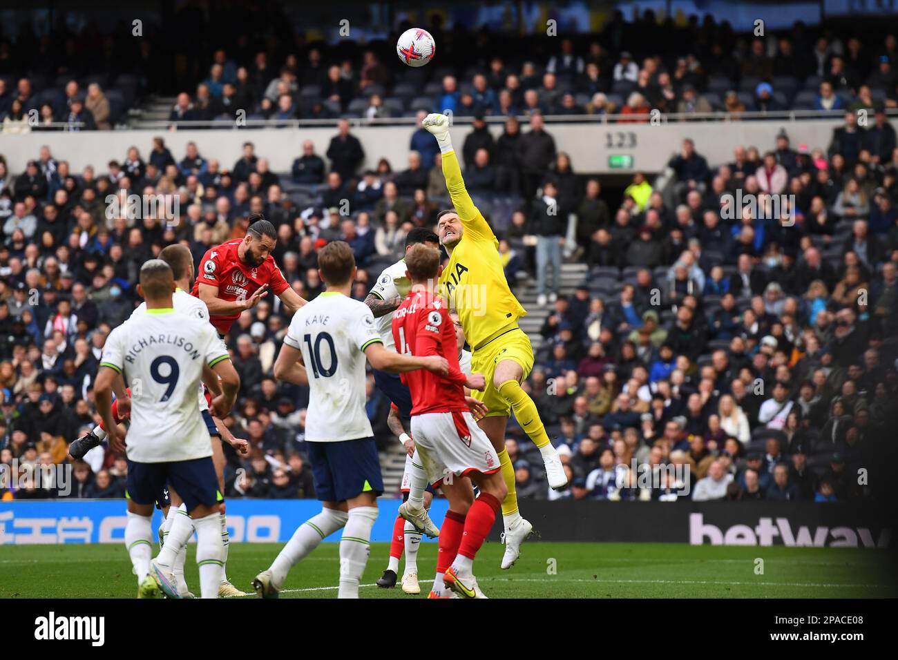 Fraser Forster of Tottenham Hotspur punches the ball during the Premier League match between Tottenham Hotspur and Nottingham Forest at the Tottenham Hotspur Stadium, London on Saturday 11th March 2023. (Photo: Jon Hobley | MI News) Credit: MI News & Sport /Alamy Live News Stock Photo