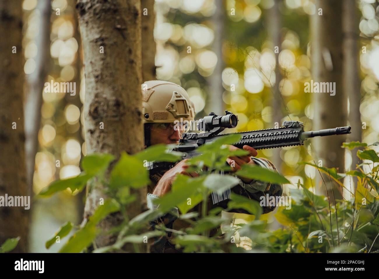 A modern warfare soldier on war duty in dense and dangerous forest ...