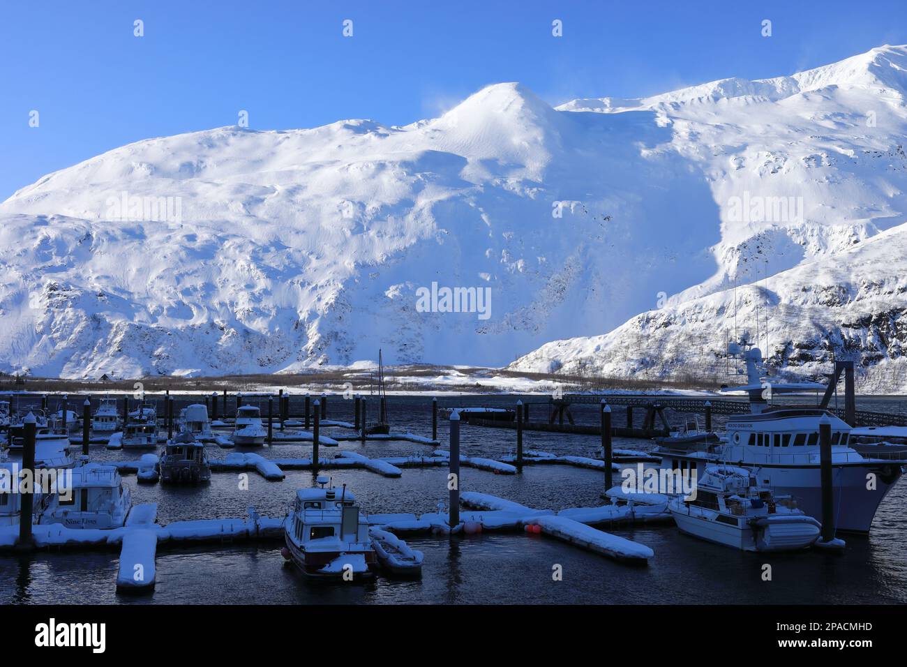 Whittier harbour under snow Stock Photo Alamy