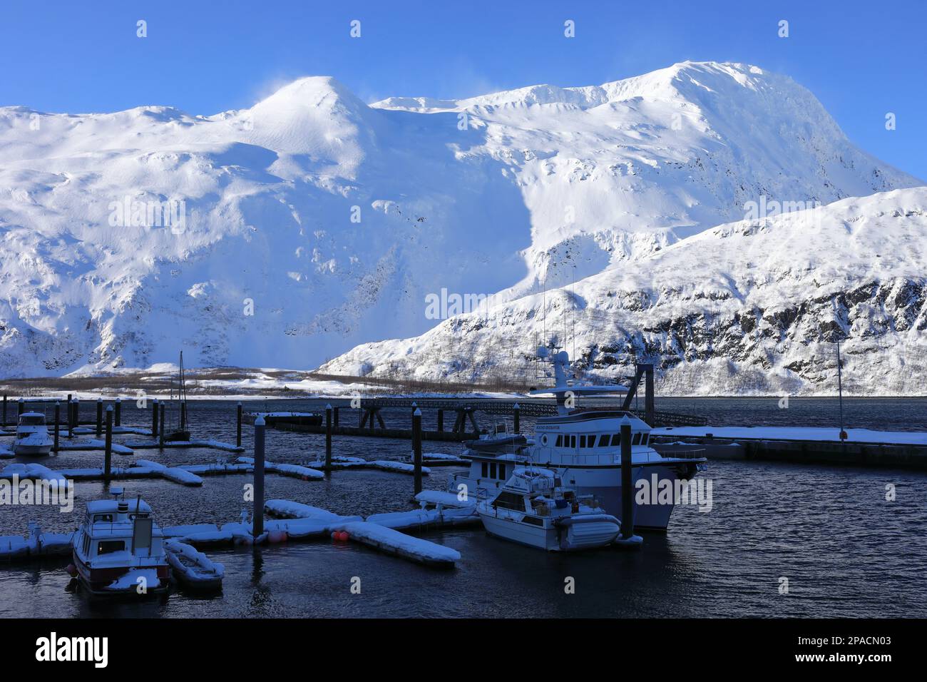 Whittier harbour under snow Stock Photo Alamy