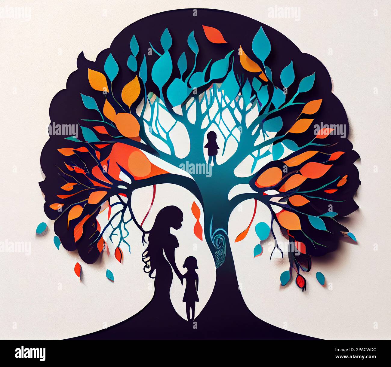 A creative and imaginative paper art representation of a mother and child sharing a special moment together, with colorful and intricate designs. Gene Stock Photo