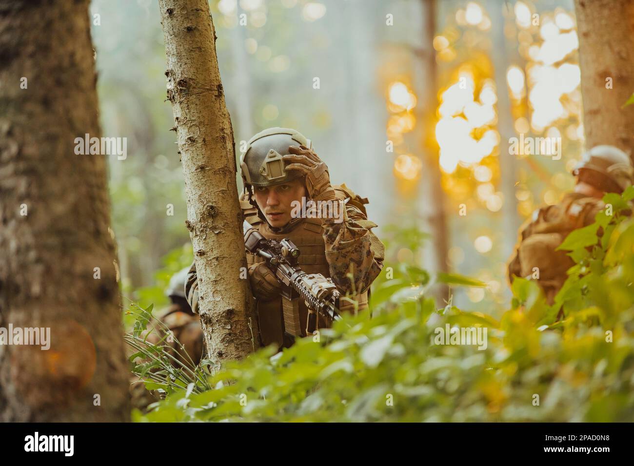 A modern warfare soldier on war duty in dense and dangerous forest ...