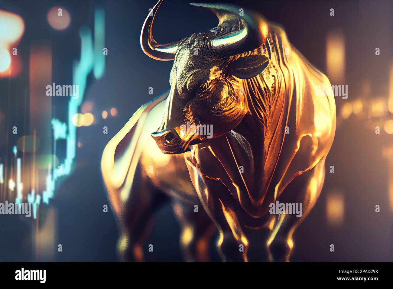 A statue of a bull in front of a blurred stock chart - concept for being bullish (positive) for the stock market, generative ai Stock Photo