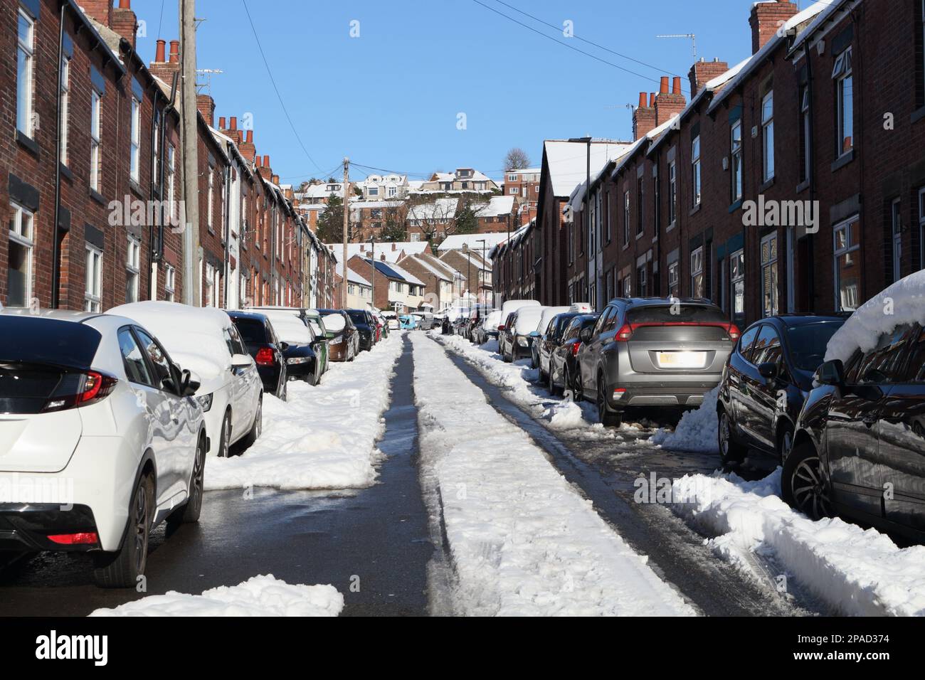 Winter snow scene, suburban Woodseats Sheffield England March 2023, Helmton road Stock Photo