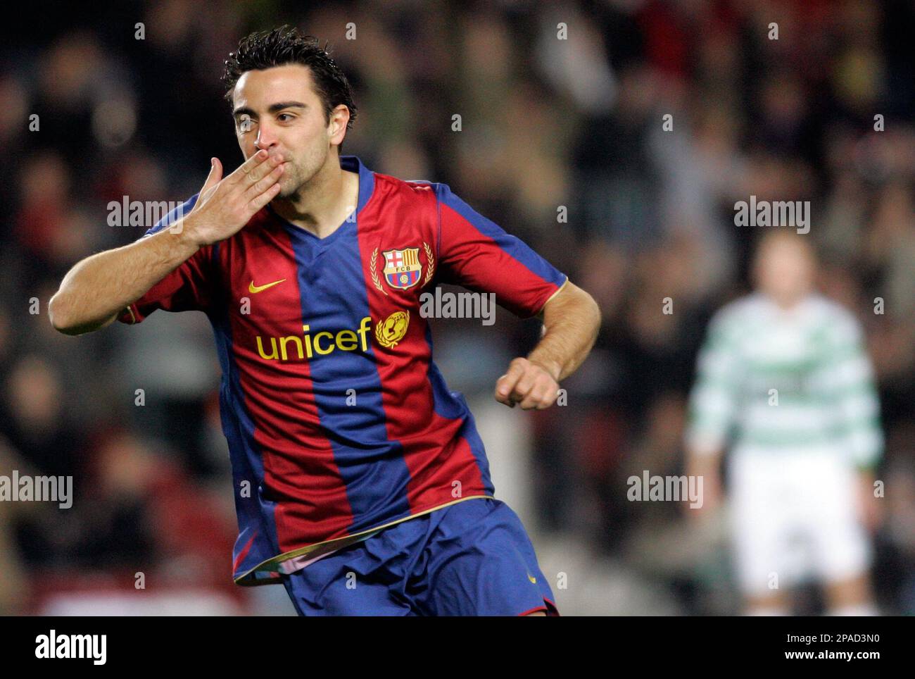 FC Barcelona player Xavi Hernandez reacts after his goal against