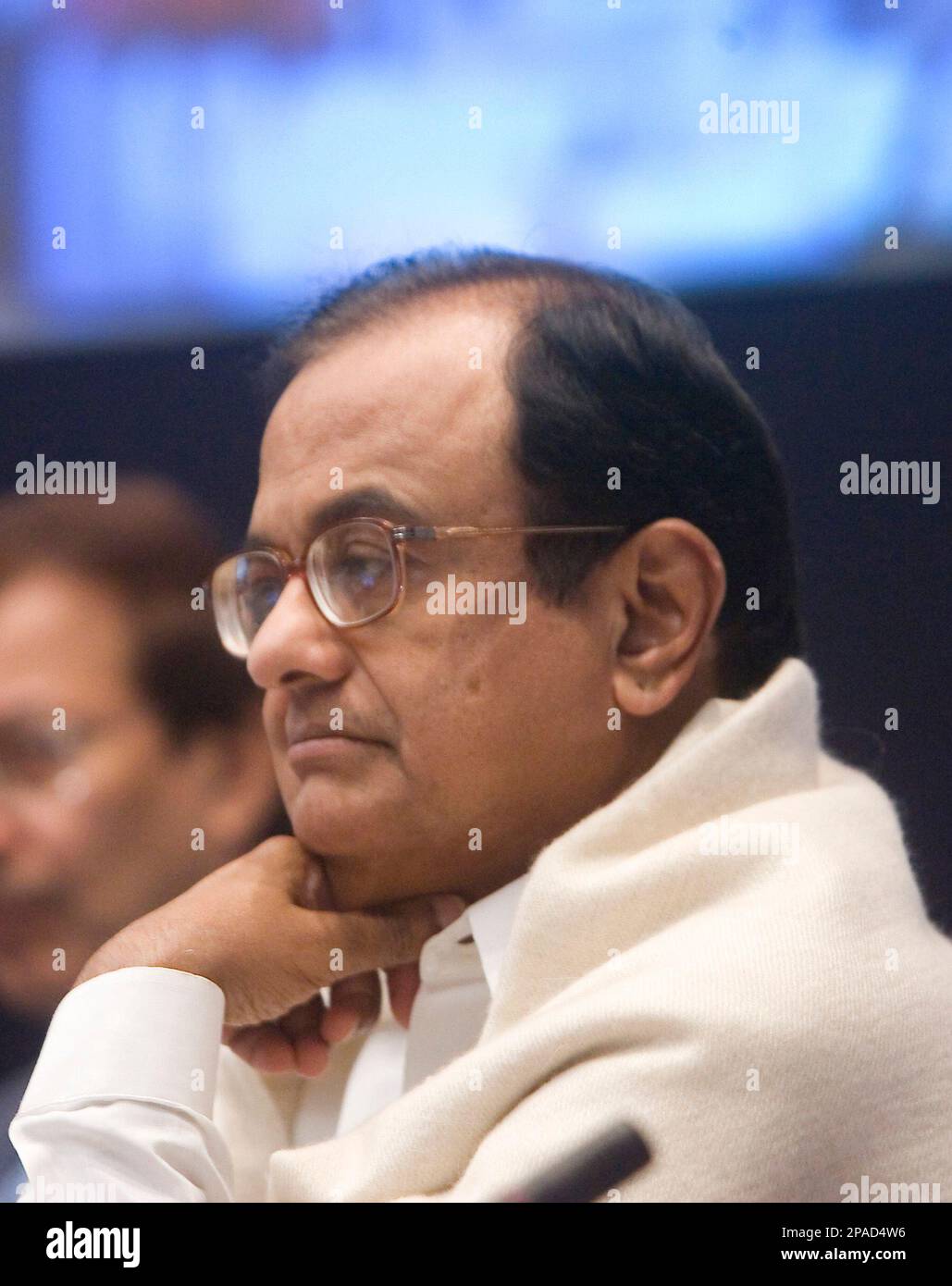 Indian Finance Minister P. Chidambaram listens to members of Confederation of Indian Industries, CII, during a post budget discussion with CII members in New Delhi, India, Tuesday, March 4, 2008. (AP Photo/Gurinder Osan) Stock Photo