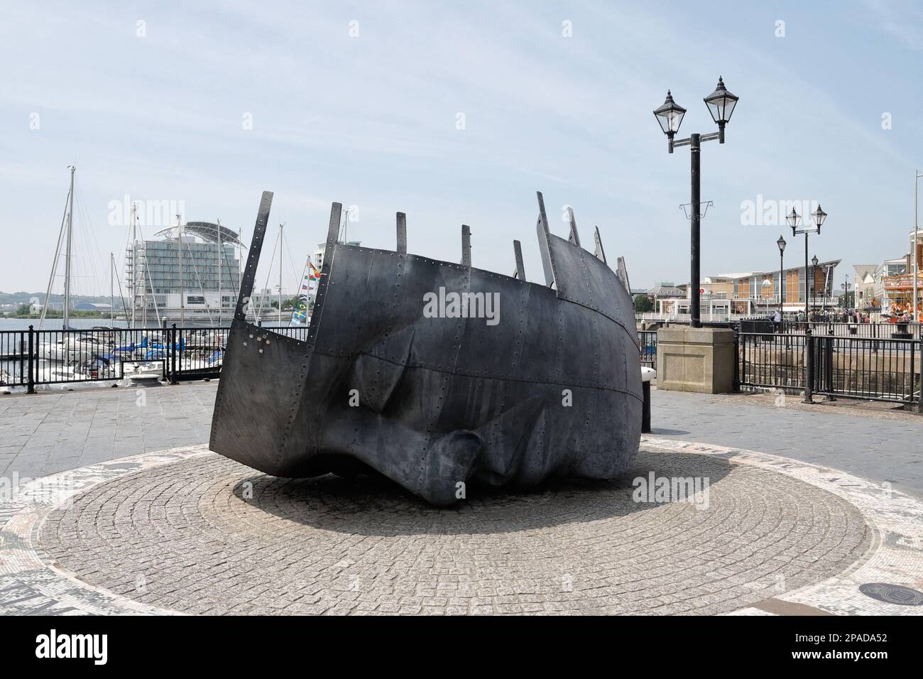 Merchant Seafarers War Memorial Sculpture at Mermaid Quay in Cardiff Bay Wales, waterfront art Stock Photo