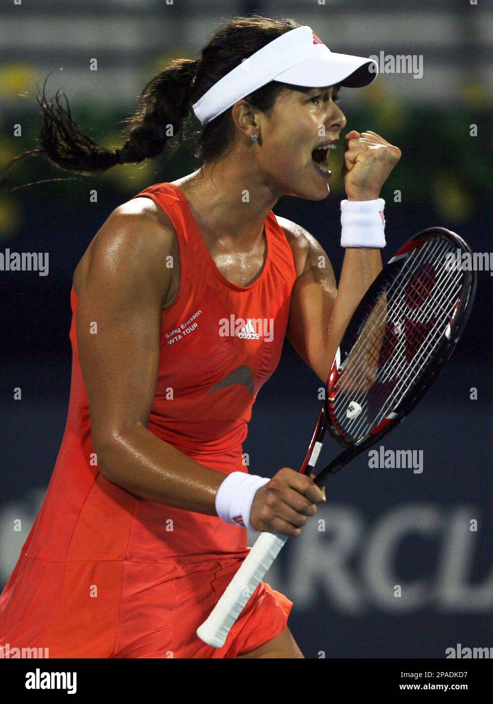 Ana Ivanovic of Serbia reacts after she scores against Elena Dementieva of  Russia during the quarter final of the Dubai Duty Free Women's Tennis Open  2008 in Dubai, United Arab Emirates,Thursday Feb.