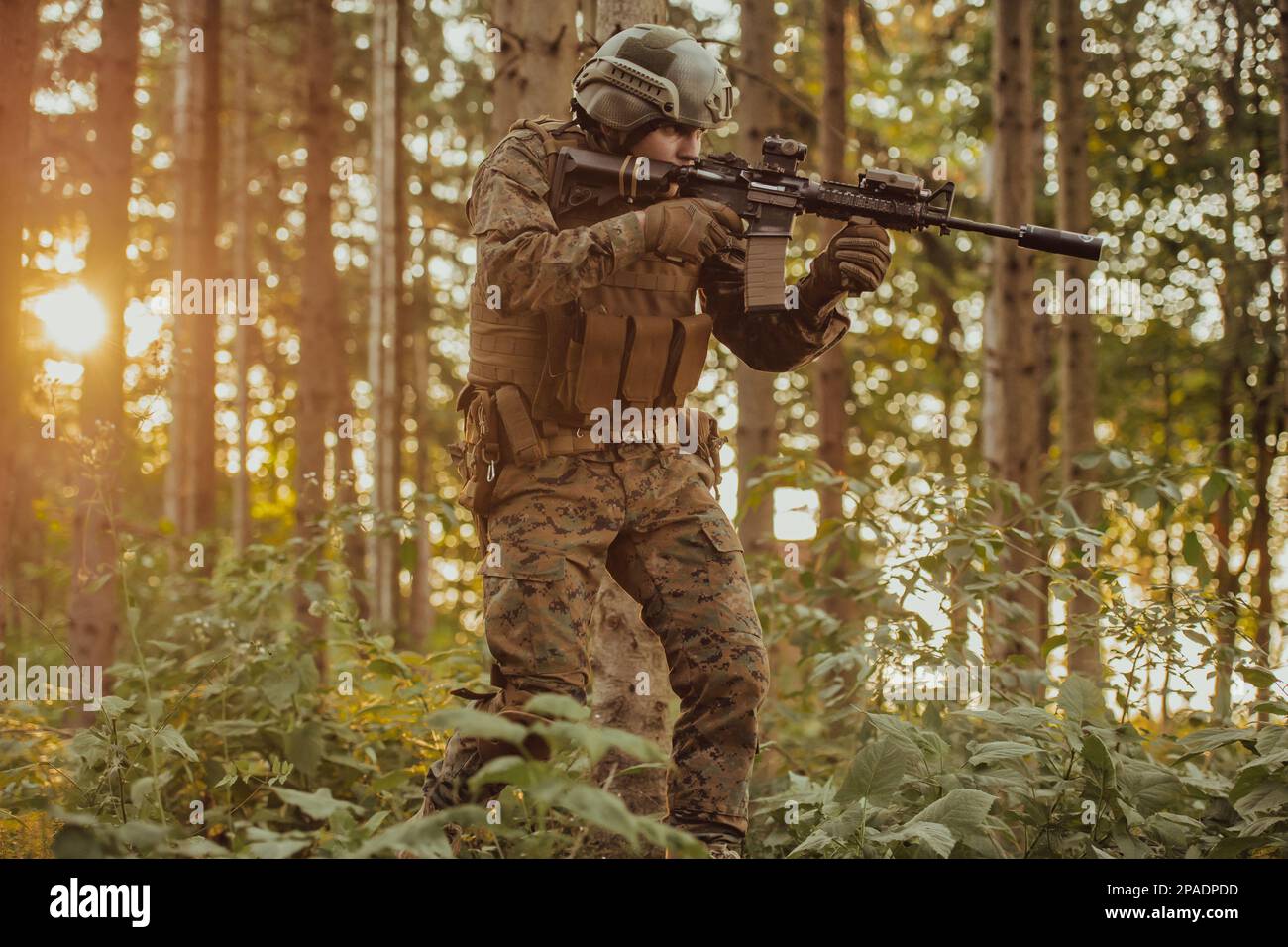 A modern warfare soldier on war duty in dense and dangerous forest ...