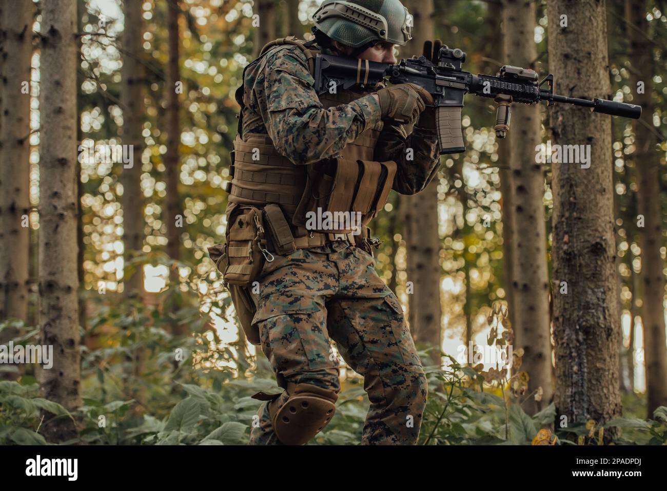 A modern warfare soldier on war duty in dense and dangerous forest ...