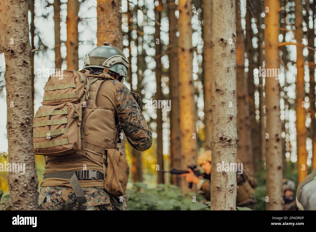 A modern warfare soldier on war duty in dense and dangerous forest ...