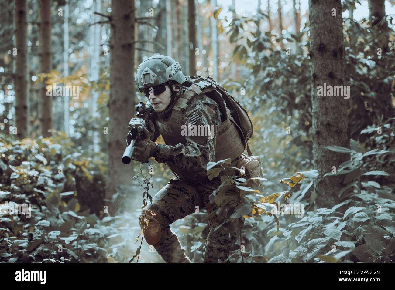 A modern warfare soldier on war duty in dense and dangerous forest ...