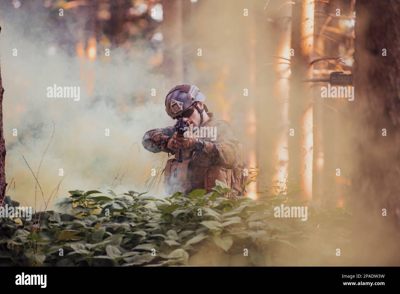 A modern warfare soldier on war duty in dense and dangerous forest ...