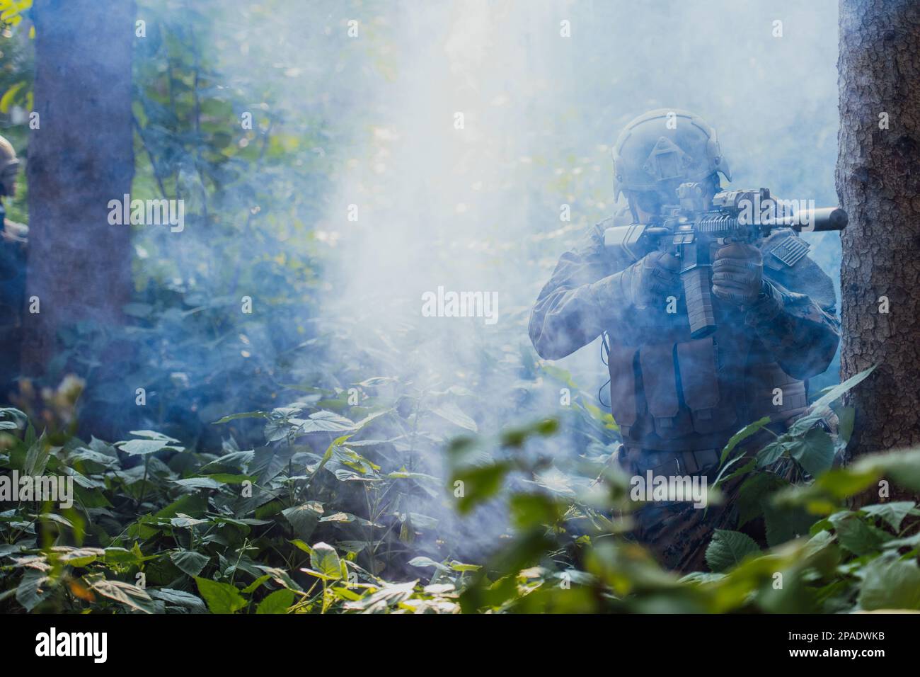 A modern warfare soldier on war duty in dense and dangerous forest ...