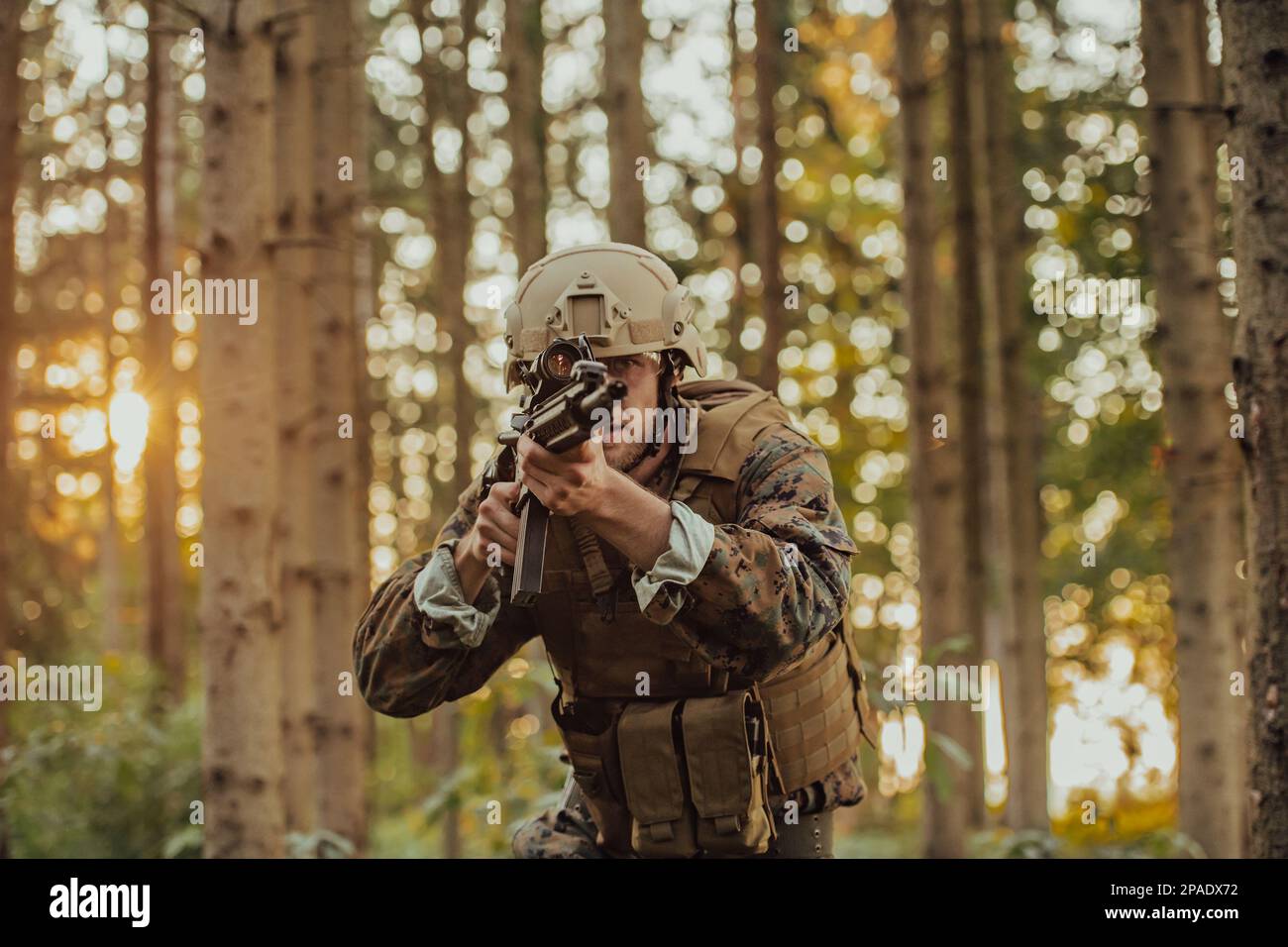 A modern warfare soldier on war duty in dense and dangerous forest ...