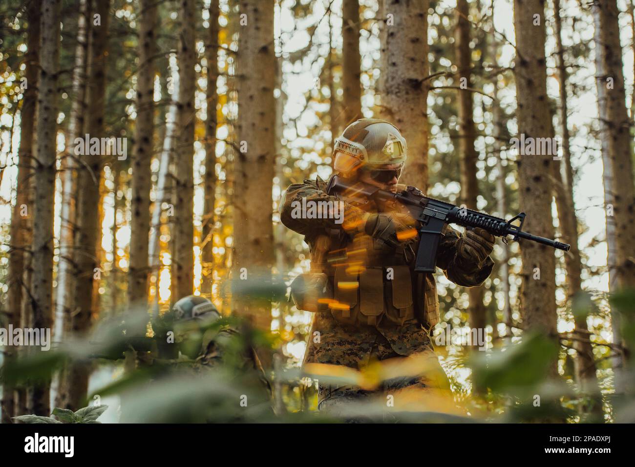 A modern warfare soldier on war duty in dense and dangerous forest ...
