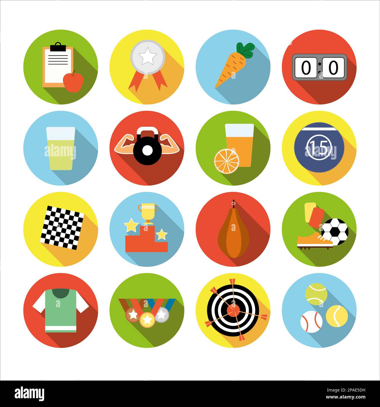 Collection of icons with different sports and healthy eating in flat ...