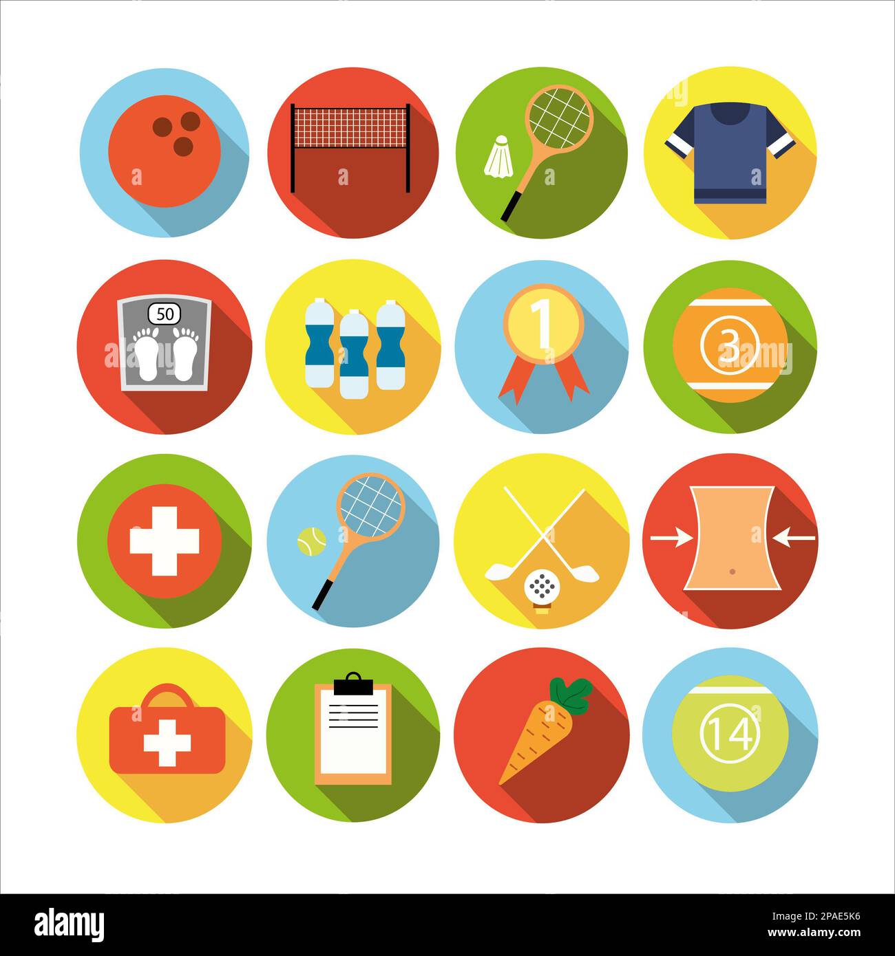 Collection of icons with different sports and healthy eating in flat ...