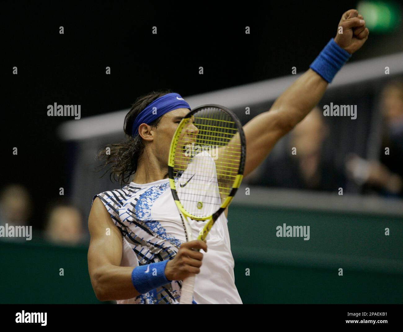 Rafael Nadal of Spain reacts after winning his match against Dmitry Tursunov of Russia at the ABN Amro tennis tournament at AHOY stadium in Rotterdam, Wednesday, Feb