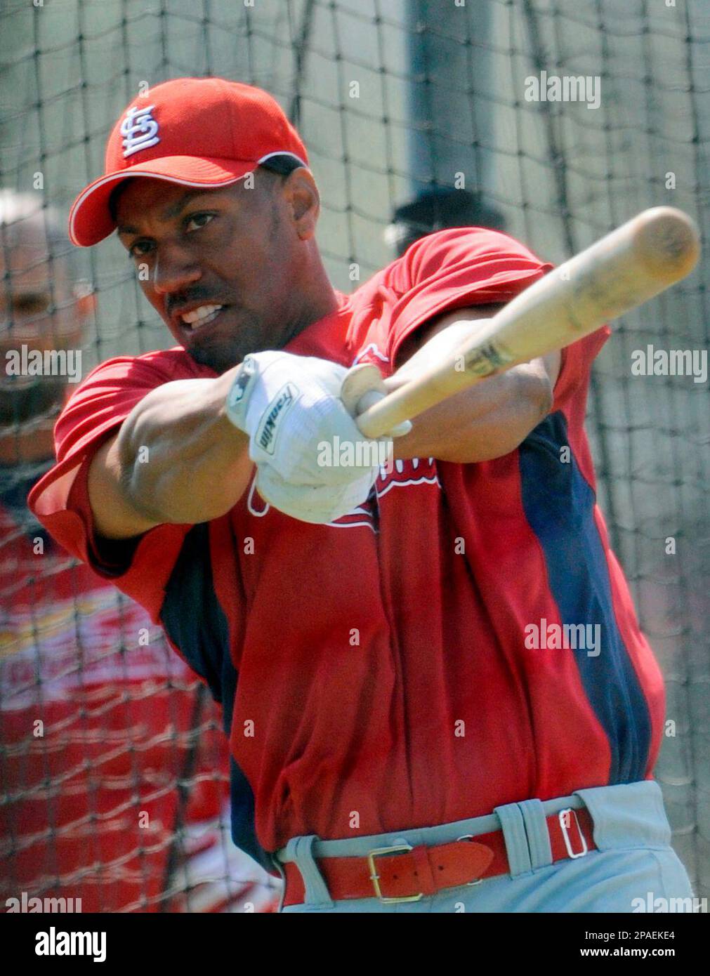 St. Louis Cardinals' Juan Gonzalez hits in the batting cage during spring training baseball practice, Wednesday, Feb. 20, 2008, in Jupiter, Fla. (AP Photo/Rob Carr) Stock Photo