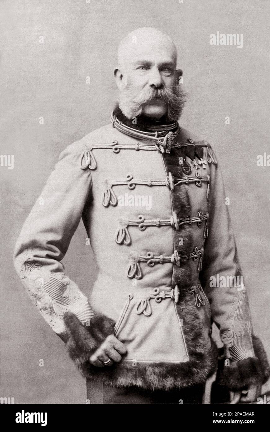 The austrian Kaiser FRANZ JOSEF ( 1830 - 1916 ) , Emperor of Austria , King of Hungary and Bohemia in the Hungarian military uniform . - FRANCESCO GIUSEPPE - JOSEPH - ABSBURG - ASBURG - ASBURGO - NOBILITY - NOBILI - Nobiltà  - REALI - HABSBURG - HASBURG - ROYALTY - baffi - moustache - favoriti - Imperatore - uniforme militare divisa - medaglie - medaglia - medals - decorazioni militari - fur - pelliccia - anello - ring  ----      ARCHIVIO GBB Stock Photo